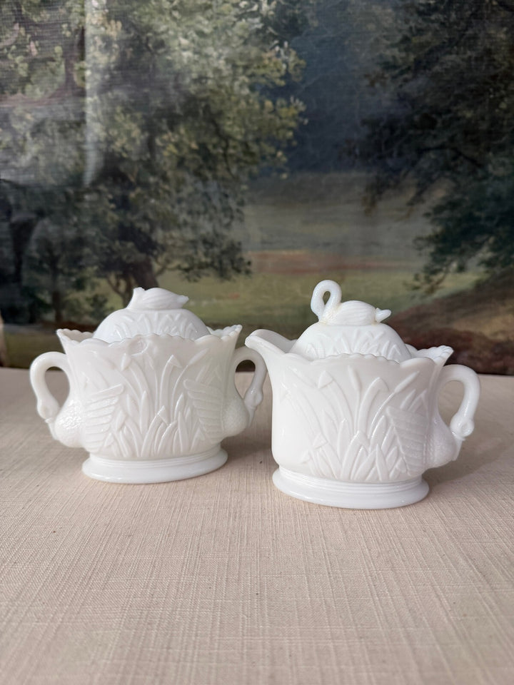 White Ceramic Swan Sugar Bowl and Creamer Set with Damage