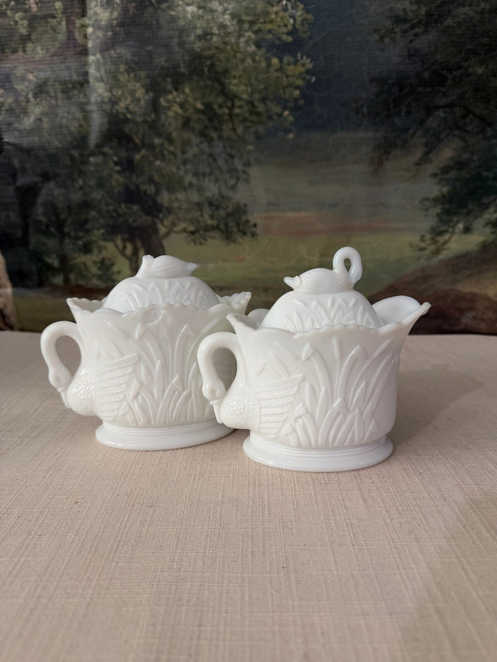White Ceramic Swan Sugar Bowl and Creamer Set with Damage