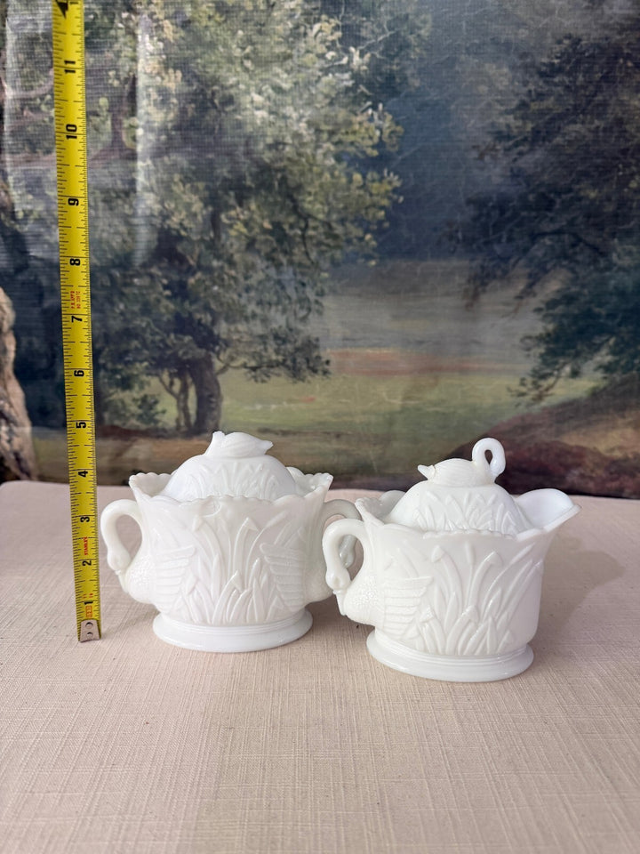 White Ceramic Swan Sugar Bowl and Creamer Set with Damage