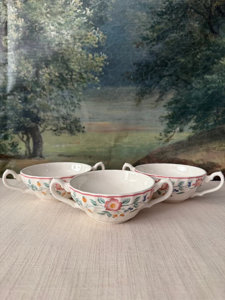 Set of 3 Floral Double Handle Cream Soup Bowls