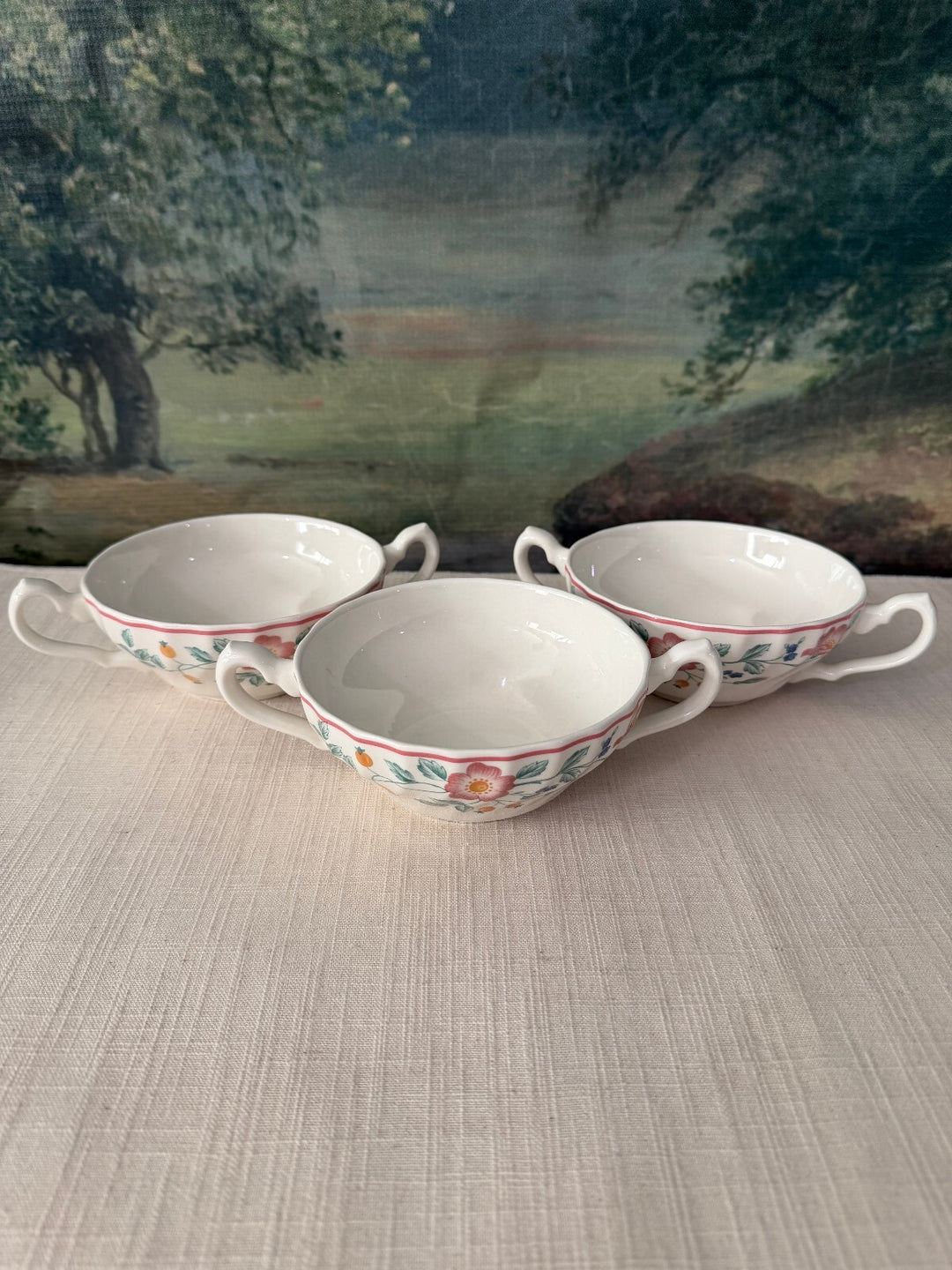 Set of 3 Floral Double Handle Cream Soup Bowls