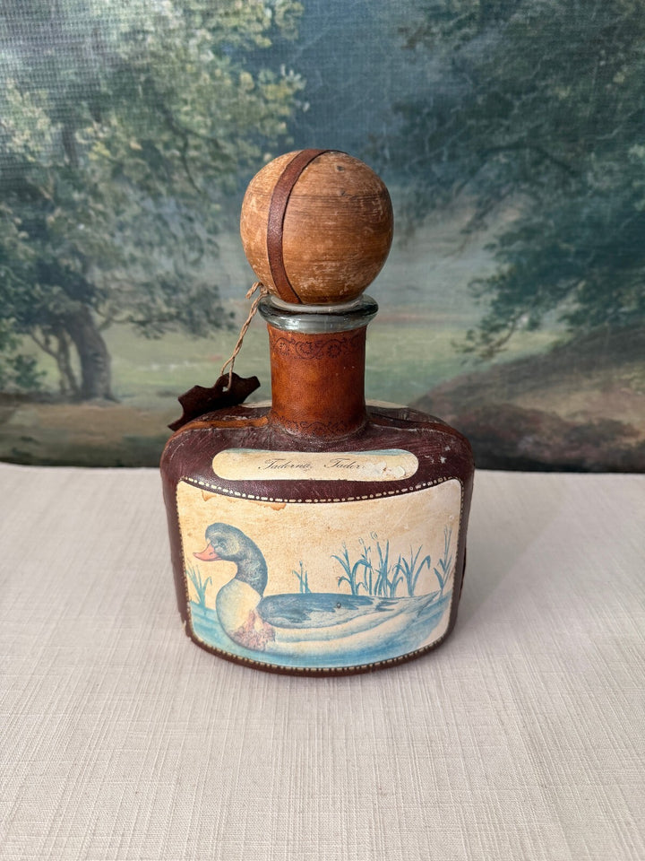 Hand Painted 1950's Leather Duck Decanter Bottle with Stopper
