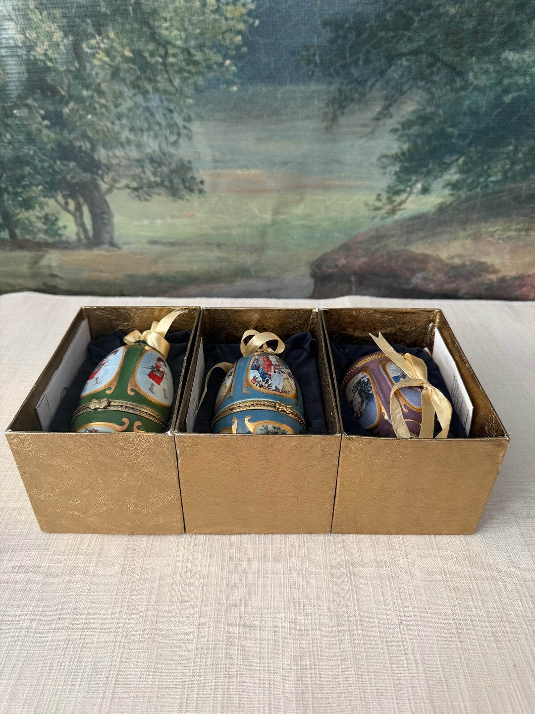 Set of 3 Hand Painted Egg Ornaments in Original Boxes