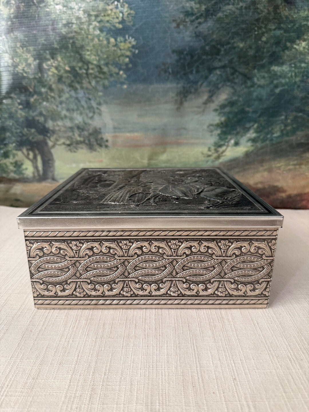 Embossed Metal Trinket Box with Scene Lid