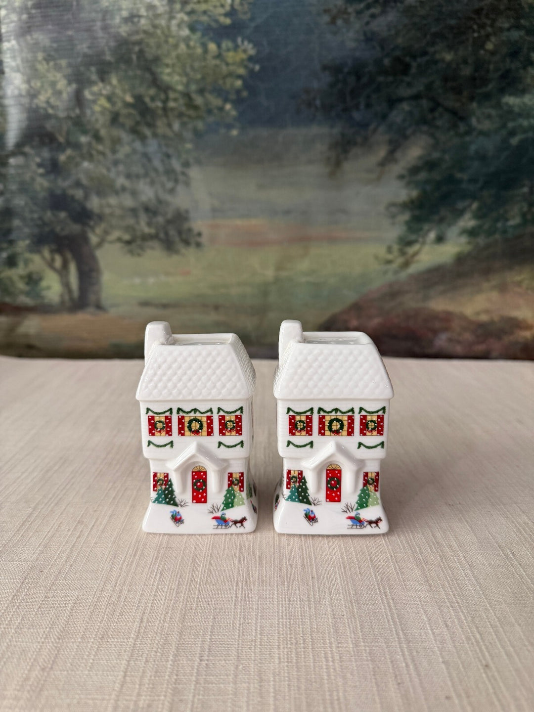 Pair of House Shaped Ceramic Salt and Pepper Shakers
