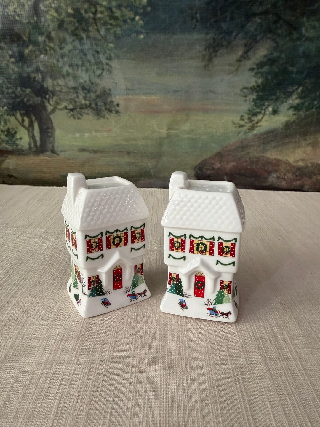 Pair of House Shaped Ceramic Salt and Pepper Shakers