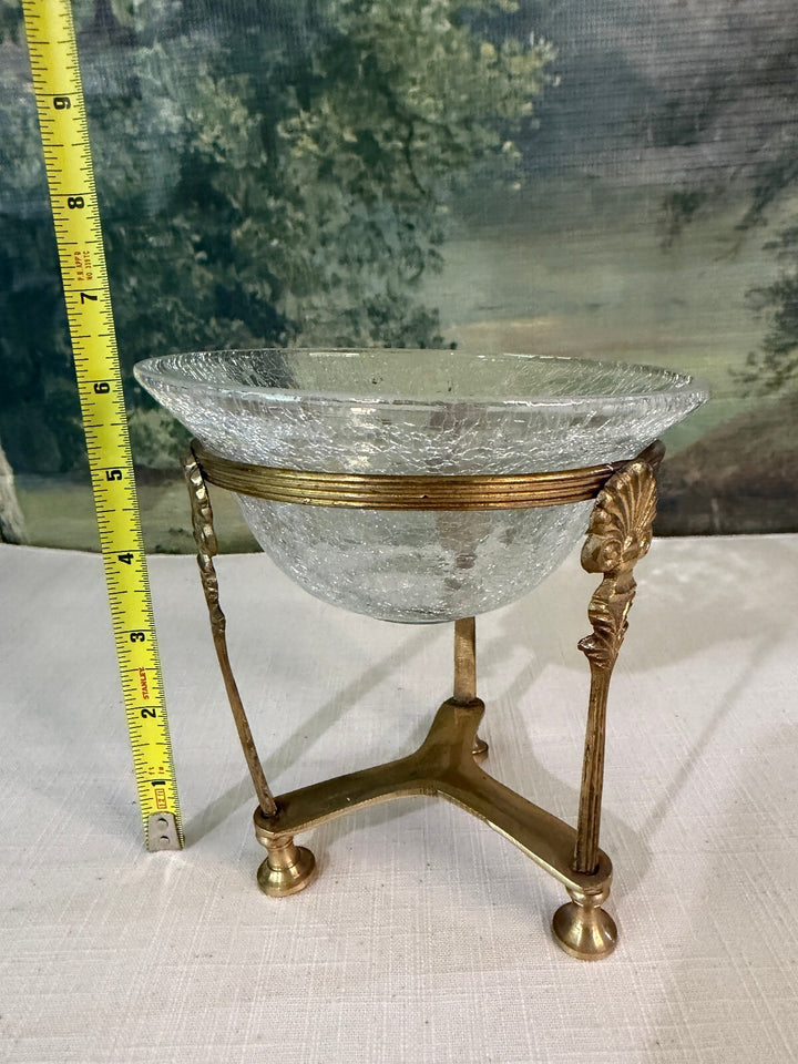 Vintage Crackle Glass Bowl with Brass Stand