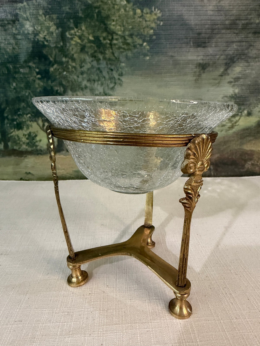 Vintage Crackle Glass Bowl with Brass Stand