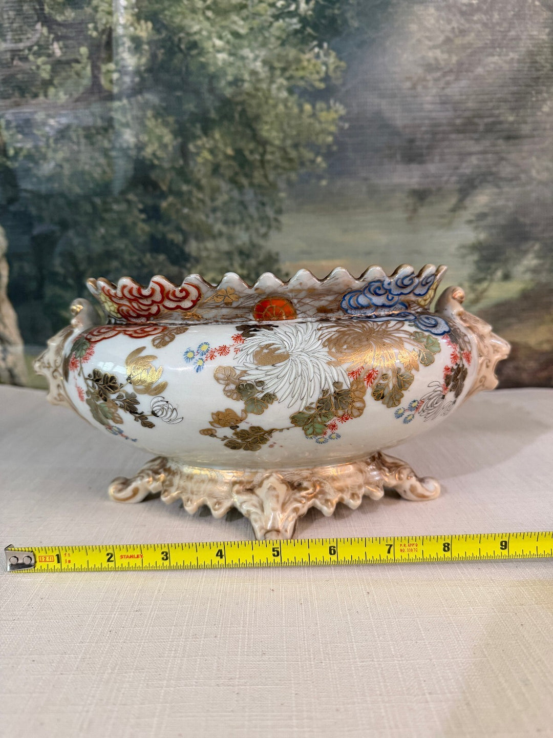 Antique Decorative Footed Porcelain Bowl with Floral and Gold Accents