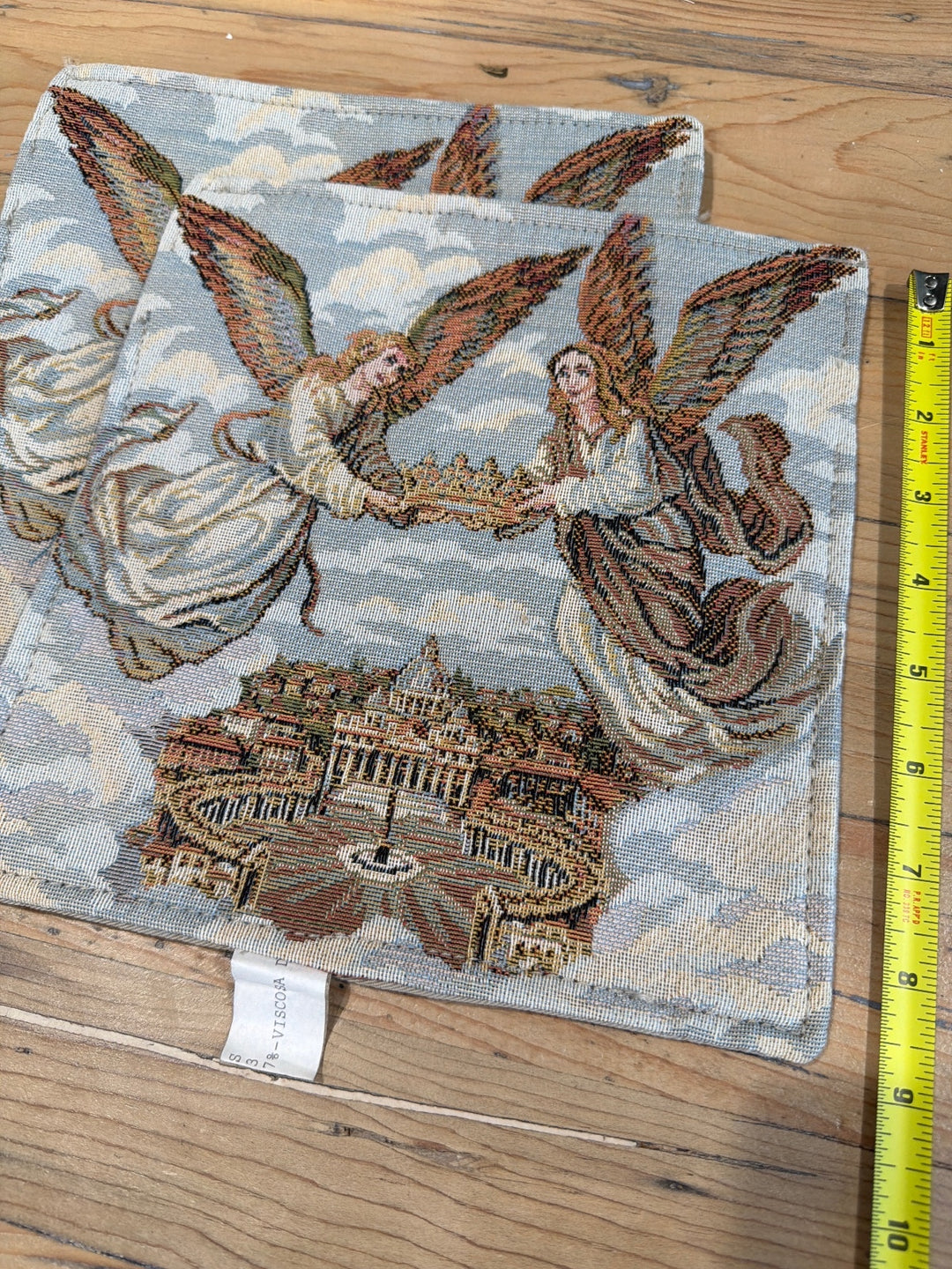 Pair of Vintage Italian Tapestry Wall Hangings with Angels and Cityscape