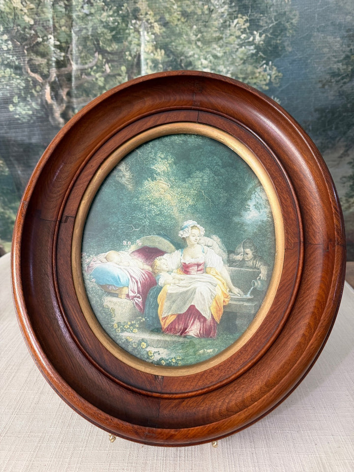 Vintage Oval Wooden Frame with 'La Bonne Mère' Print by J.H. Fragonard