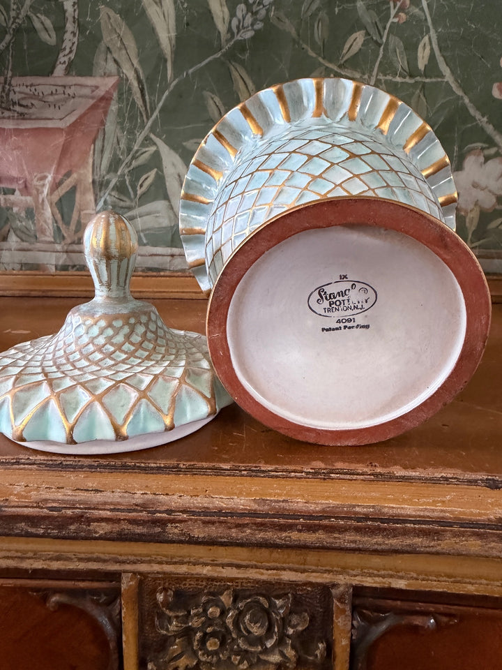 Vintage Stangl Pottery Covered Urn with Gold Accents