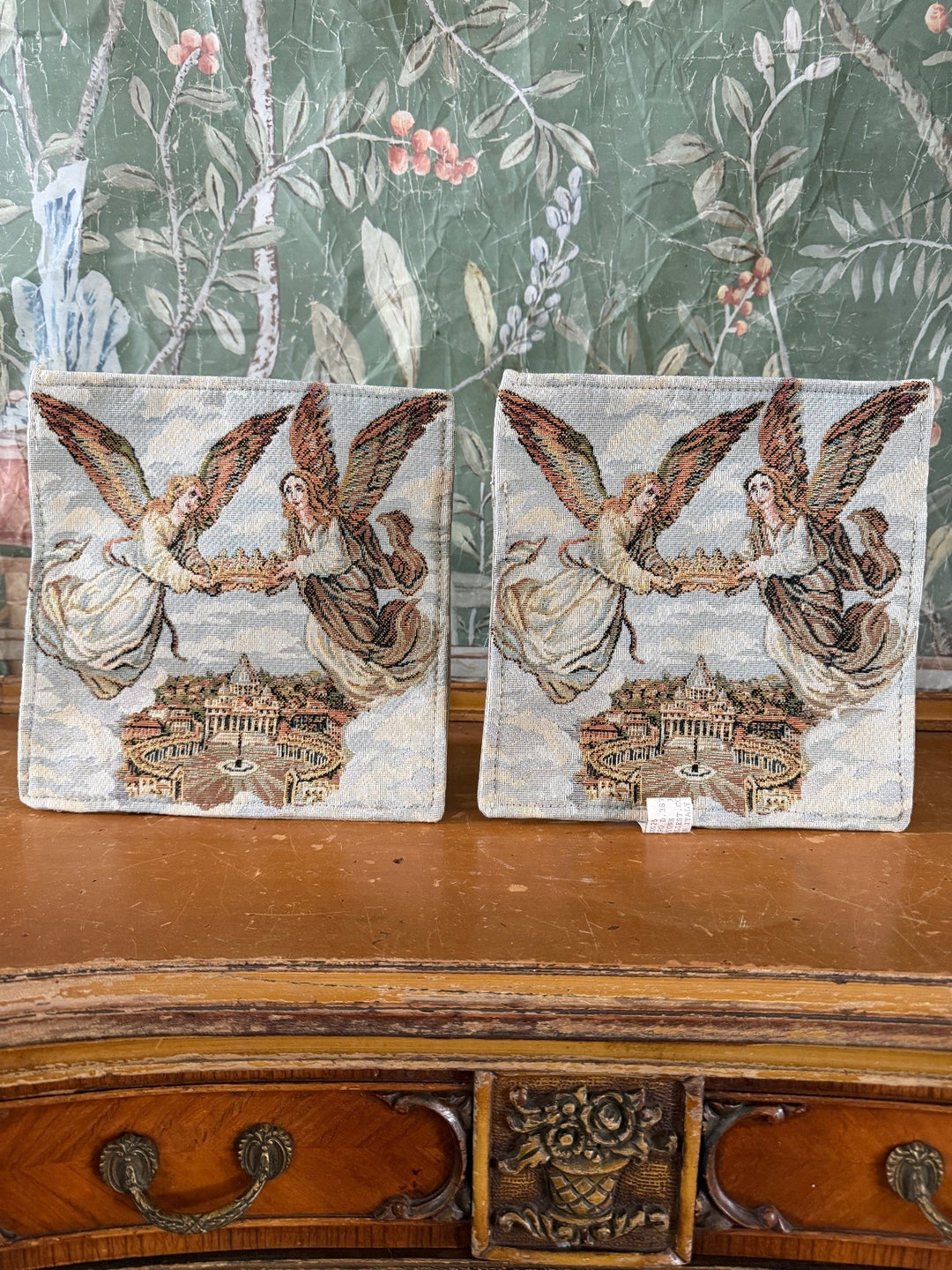 Pair of Vintage Italian Tapestry Wall Hangings with Angels and Cityscape