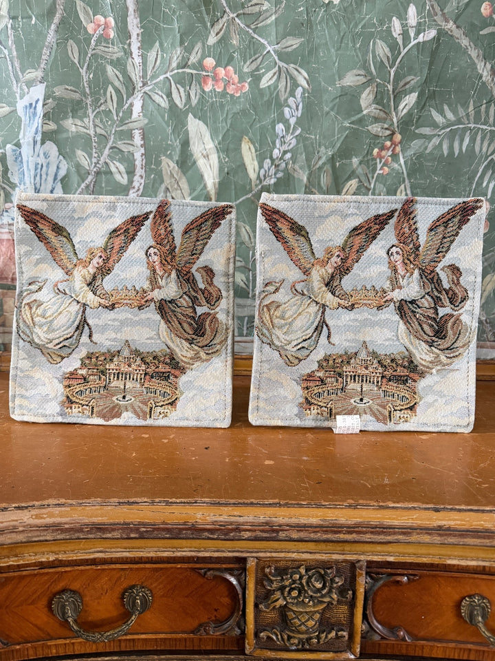 Pair of Vintage Italian Tapestry Wall Hangings with Angels and Cityscape