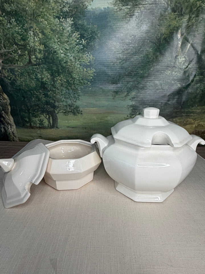 Vintage White Iron Stone Octagonal Covered Tureen Serving Set
