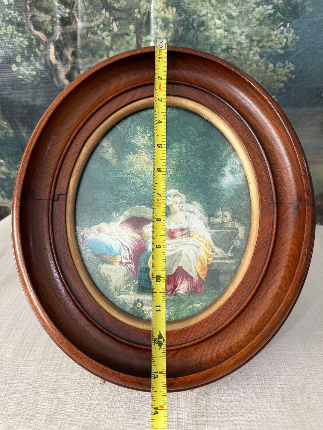 Vintage Oval Wooden Frame with 'La Bonne Mère' Print by J.H. Fragonard